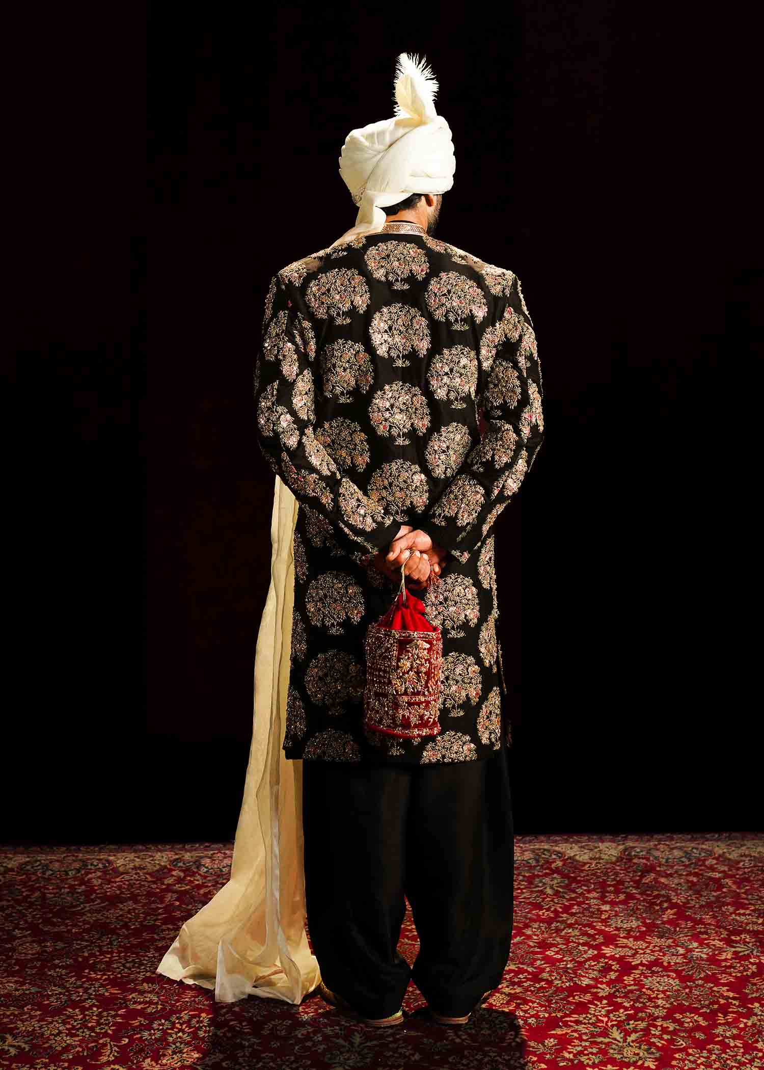 Black Embroidered Raw Silk Groom Sherwani (3-Piece) - Image 5