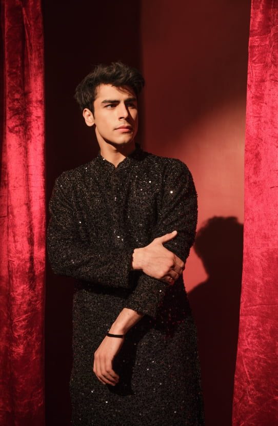 Black Embroidered Raw Silk Groom Sherwani (3-Piece) - Image 2