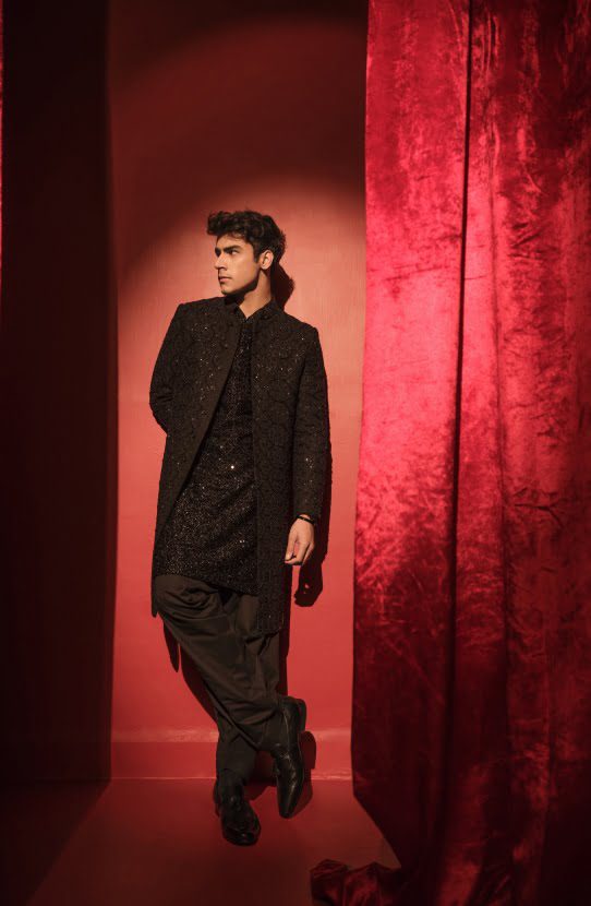 Black Embroidered Raw Silk Groom Sherwani (3-Piece) - Image 3