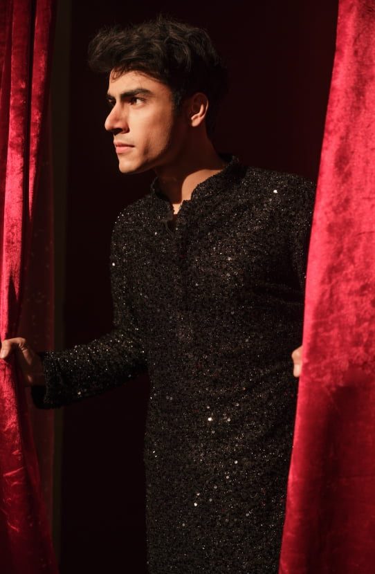 Black Embroidered Raw Silk Groom Sherwani (3-Piece) - Image 4