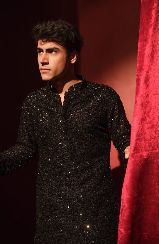 Black Embroidered Raw Silk Groom Sherwani (3-Piece) - Image 5