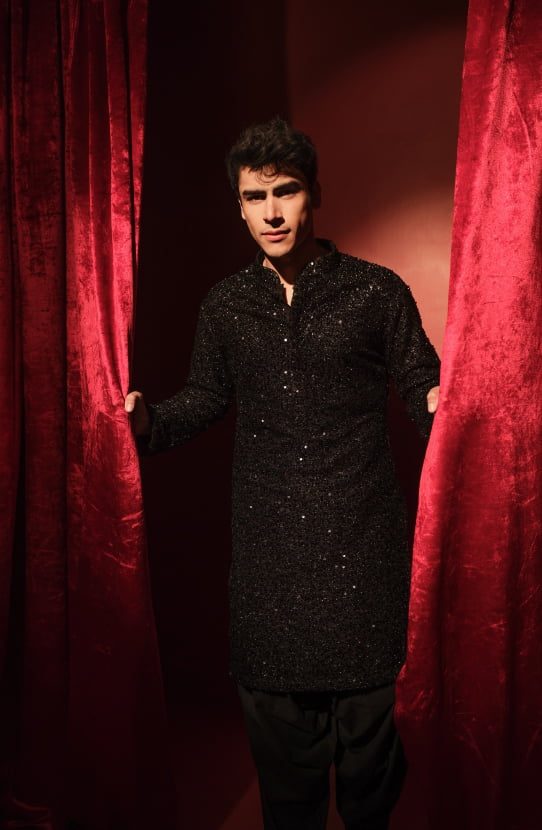 Black Embroidered Raw Silk Groom Sherwani (3-Piece) - Image 6