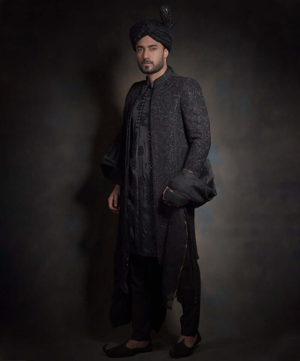 Jet Black Embroidered Raw Silk Groom Sherwani (3-Piece) - Image 1