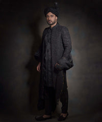 Jet Black Embroidered Raw Silk Groom Sherwani (3-Piece) - Image 2