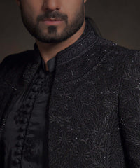 Jet Black Embroidered Raw Silk Groom Sherwani (3-Piece) - Image 3