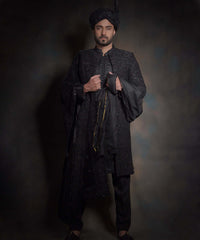 Jet Black Embroidered Raw Silk Groom Sherwani (3-Piece) - Image 4