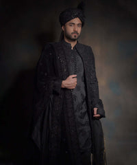 Jet Black Embroidered Raw Silk Groom Sherwani (3-Piece) - Image 5