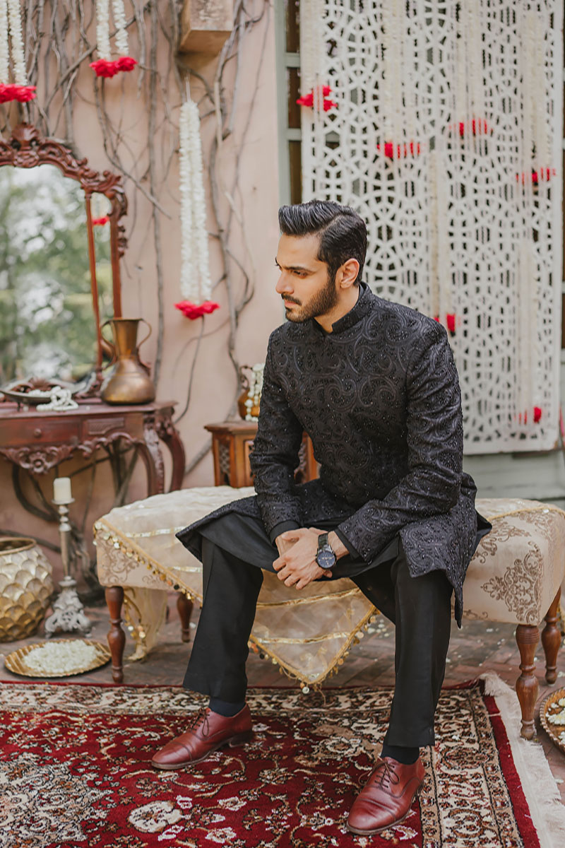Black Embroidered Raw Silk Sherwani (3-Piece) - Image 1