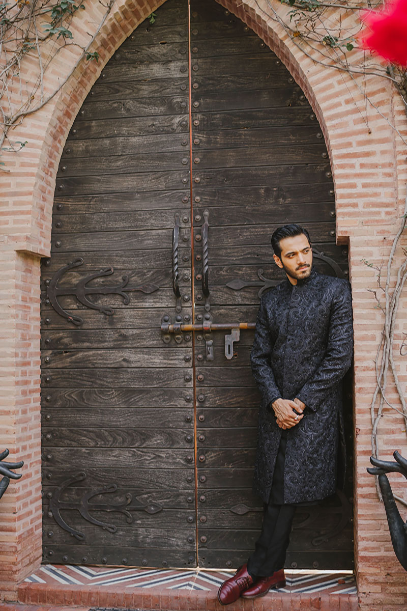 Black Embroidered Raw Silk Sherwani (3-Piece) - Image 2