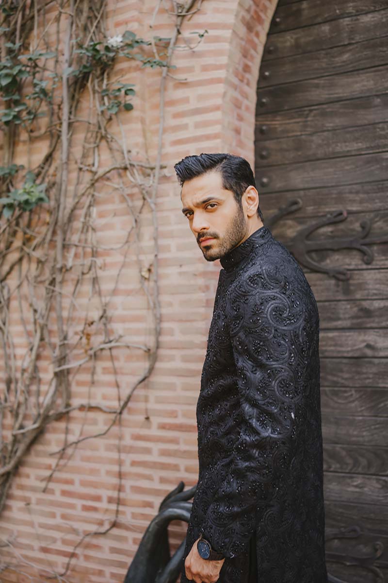 Black Embroidered Raw Silk Sherwani (3-Piece) - Image 4