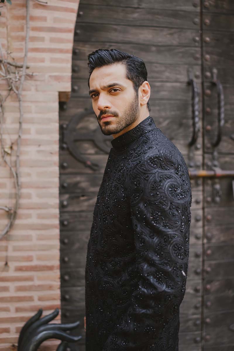 Black Embroidered Raw Silk Sherwani (3-Piece) - Image 5