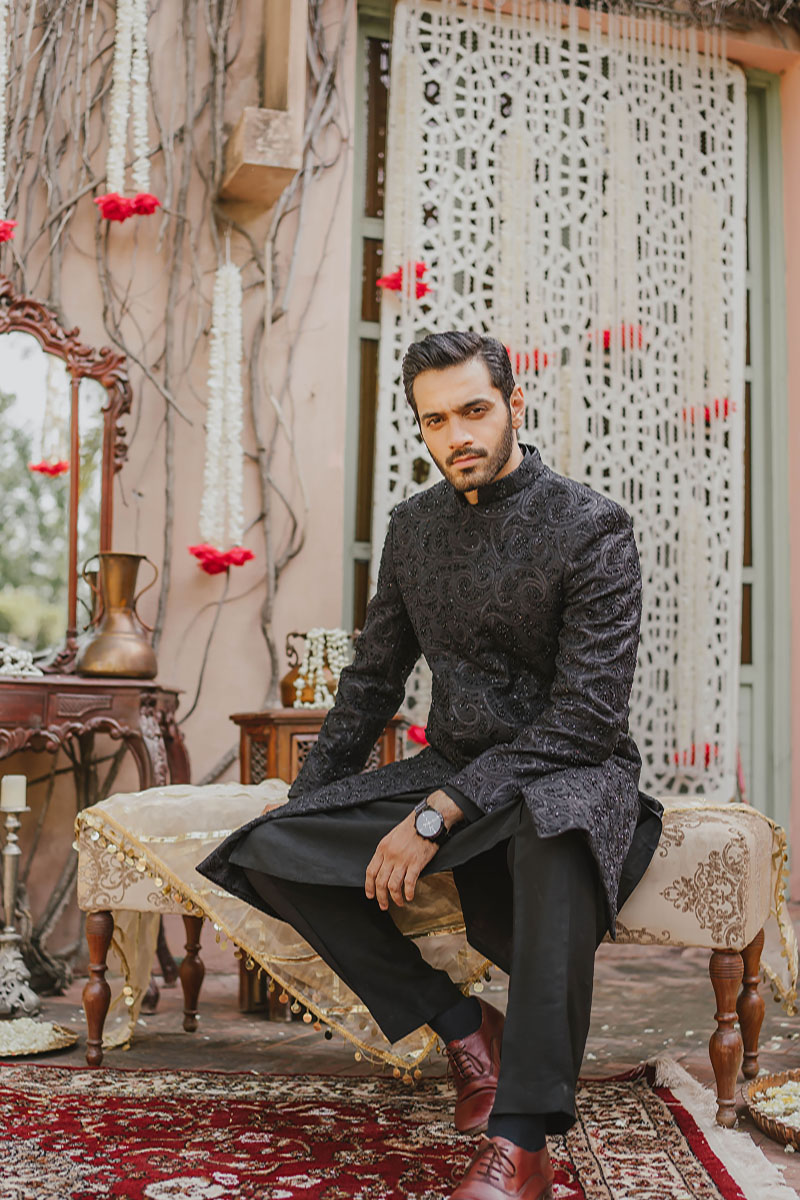 Black Embroidered Raw Silk Sherwani (3-Piece) - Image 7