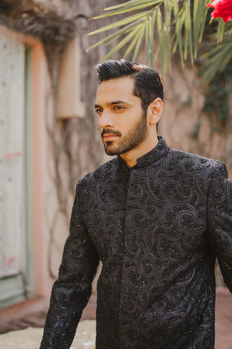 Black Embroidered Raw Silk Sherwani (3-Piece) - Image 8