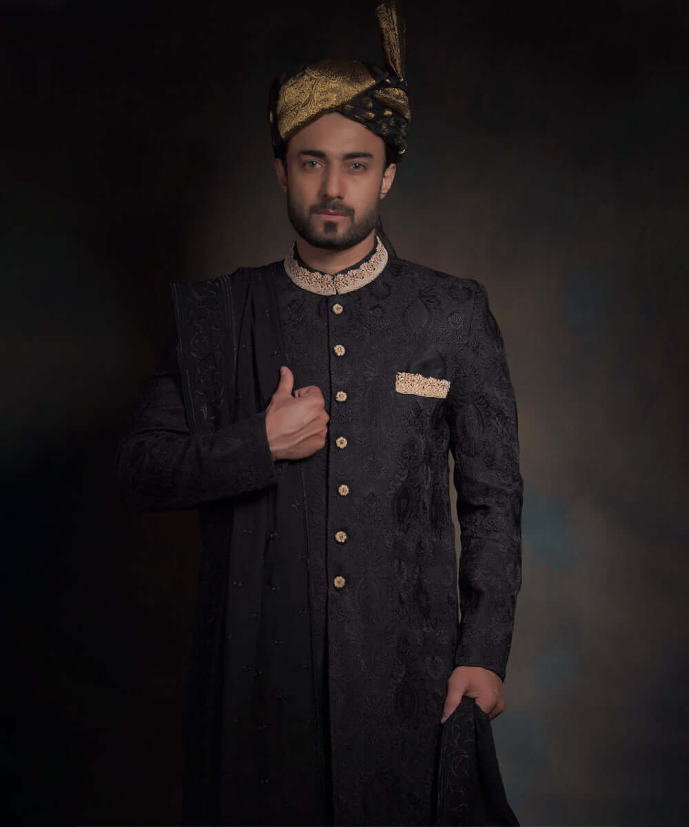 Jet Black Zardozi Raw Silk Groom Sherwani (4-Piece) - Image 4