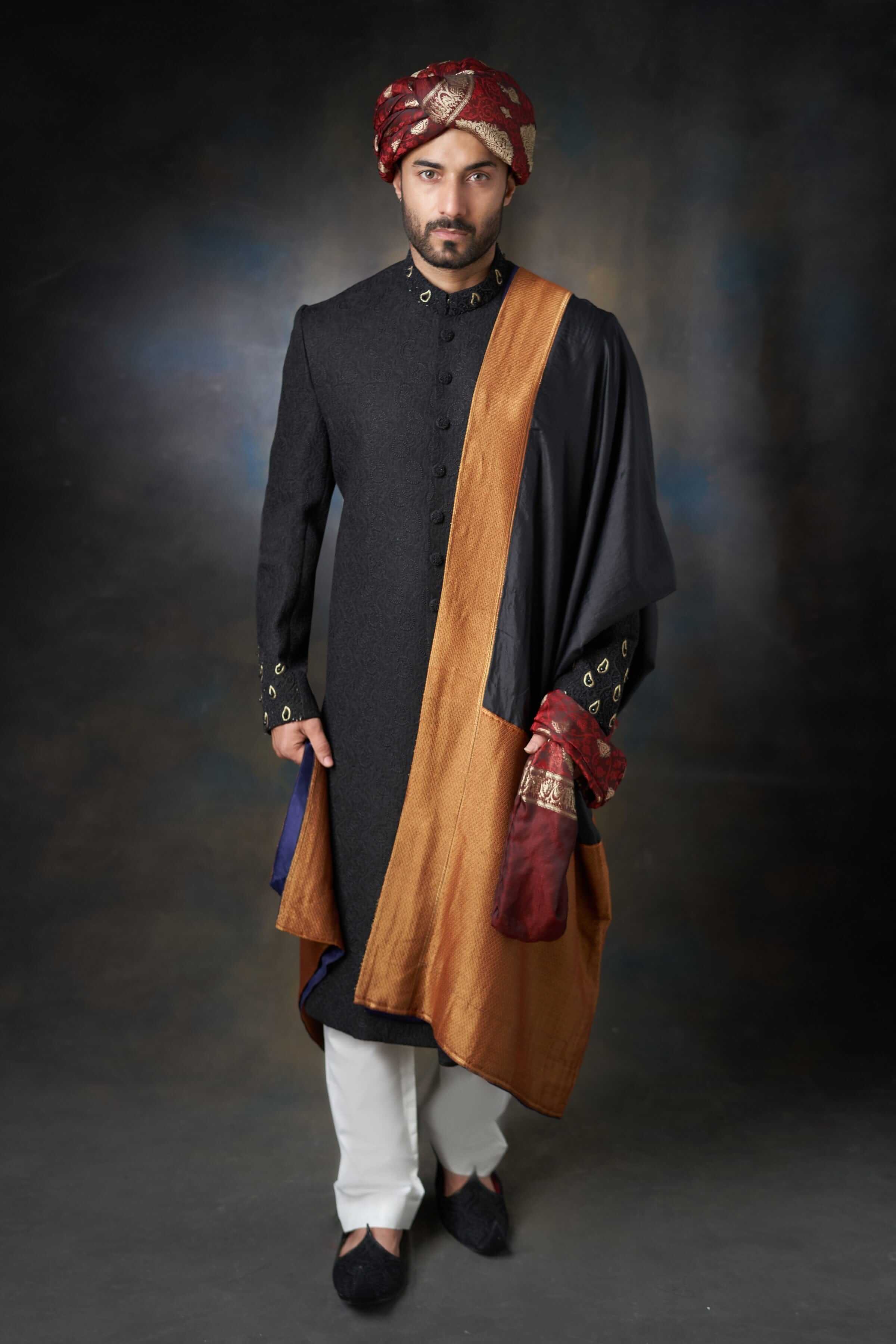 Metallic Jet Black Zardozi Raw Silk Sherwani (3-Piece) - Image 1
