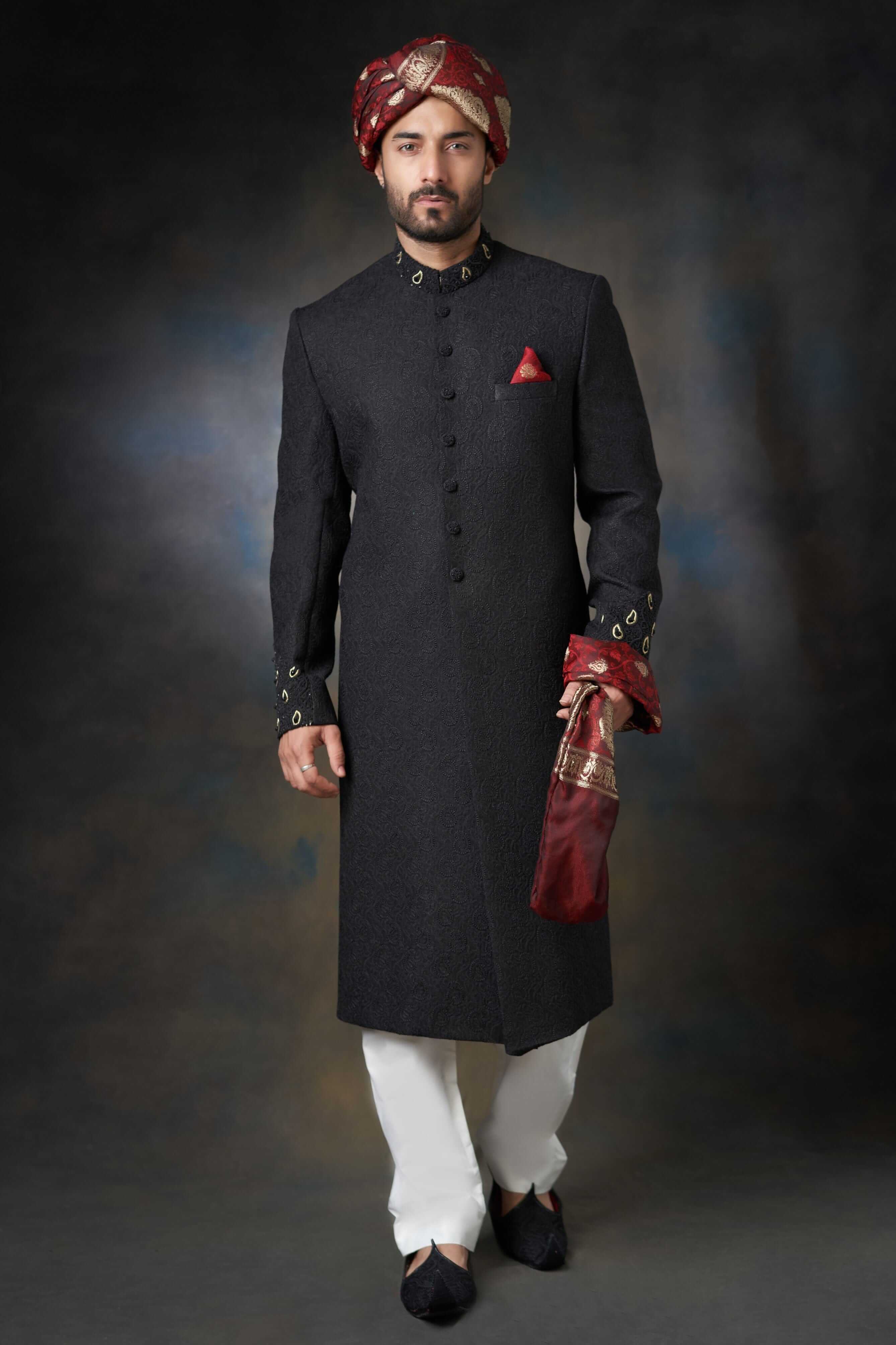 Metallic Jet Black Zardozi Raw Silk Sherwani (3-Piece) - Image 2