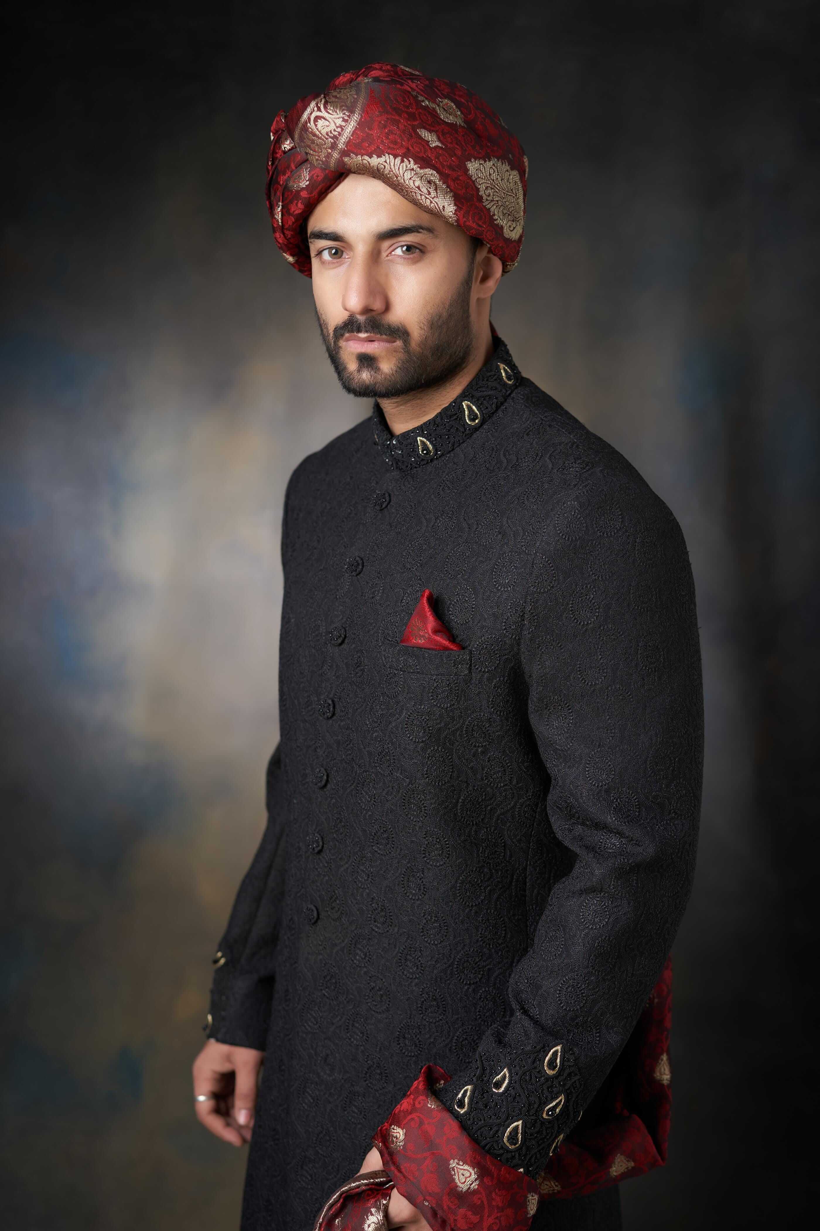 Metallic Jet Black Zardozi Raw Silk Sherwani (3-Piece) - Image 3