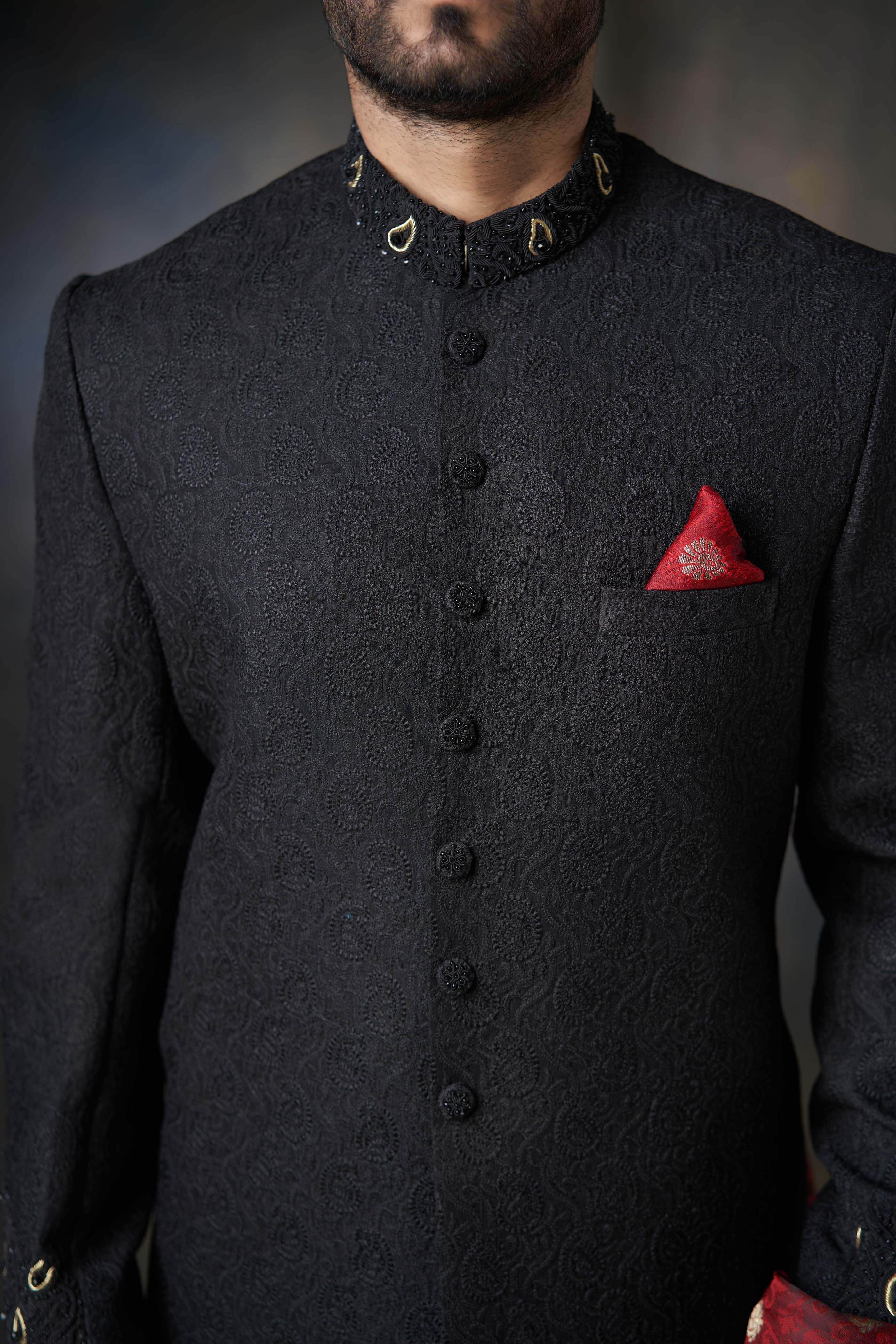 Metallic Jet Black Zardozi Raw Silk Sherwani (3-Piece) - Image 4