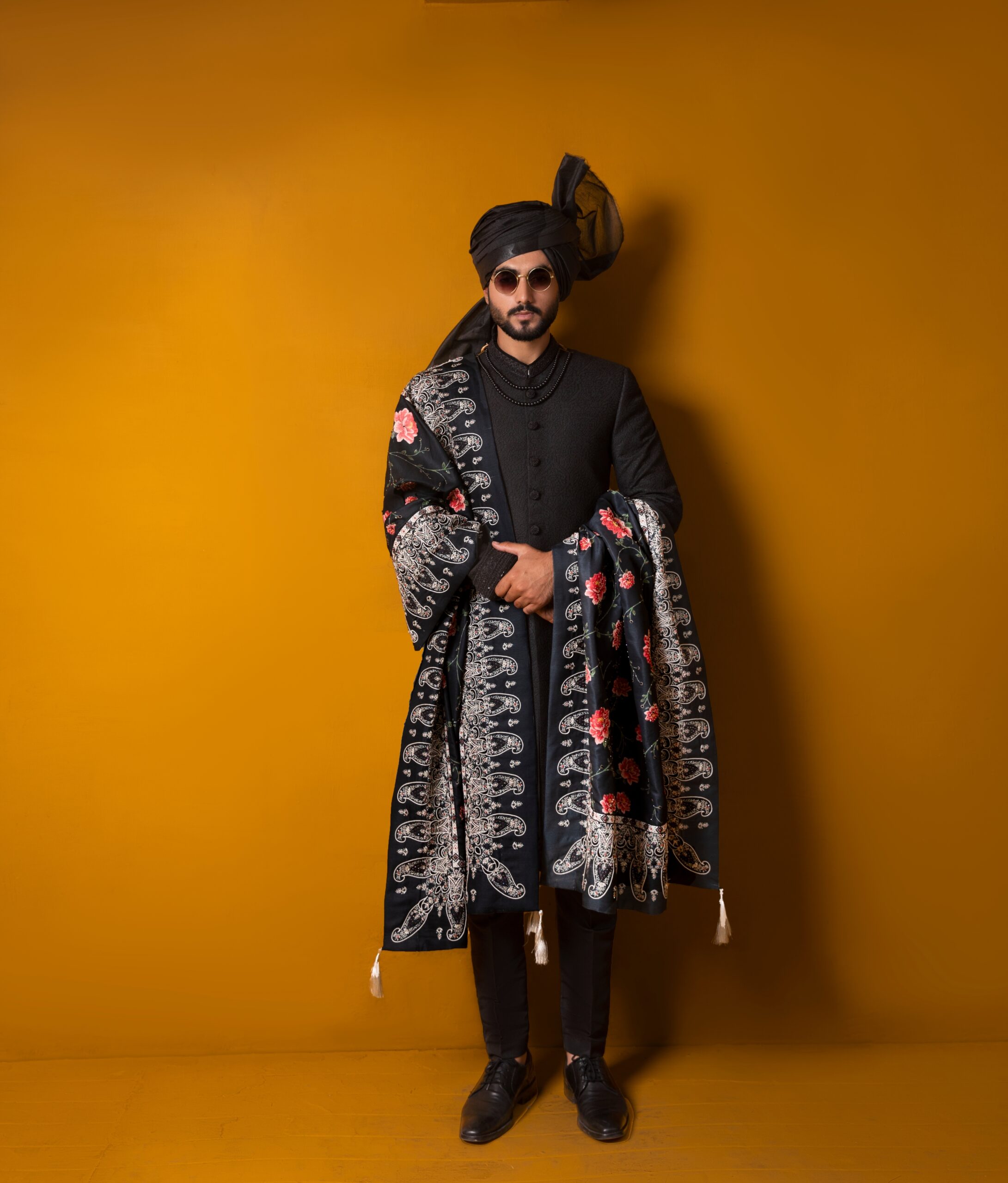 Black Hand-Embroidered Self-Brocade Sherwani (3-Piece) - Image 1