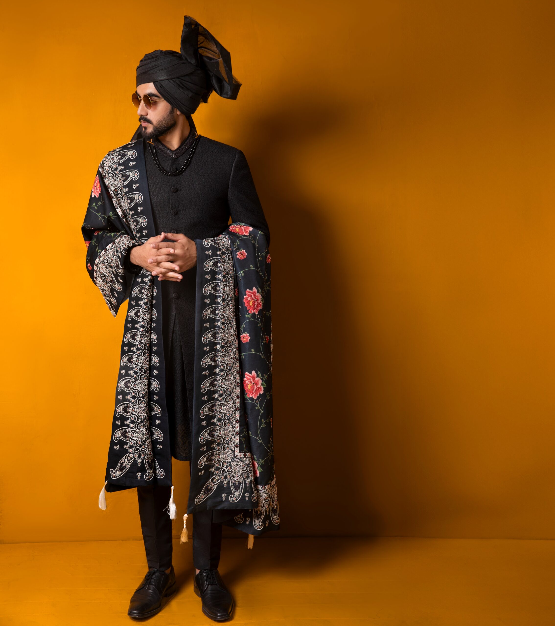 Black Hand-Embroidered Self-Brocade Sherwani (3-Piece) - Image 2