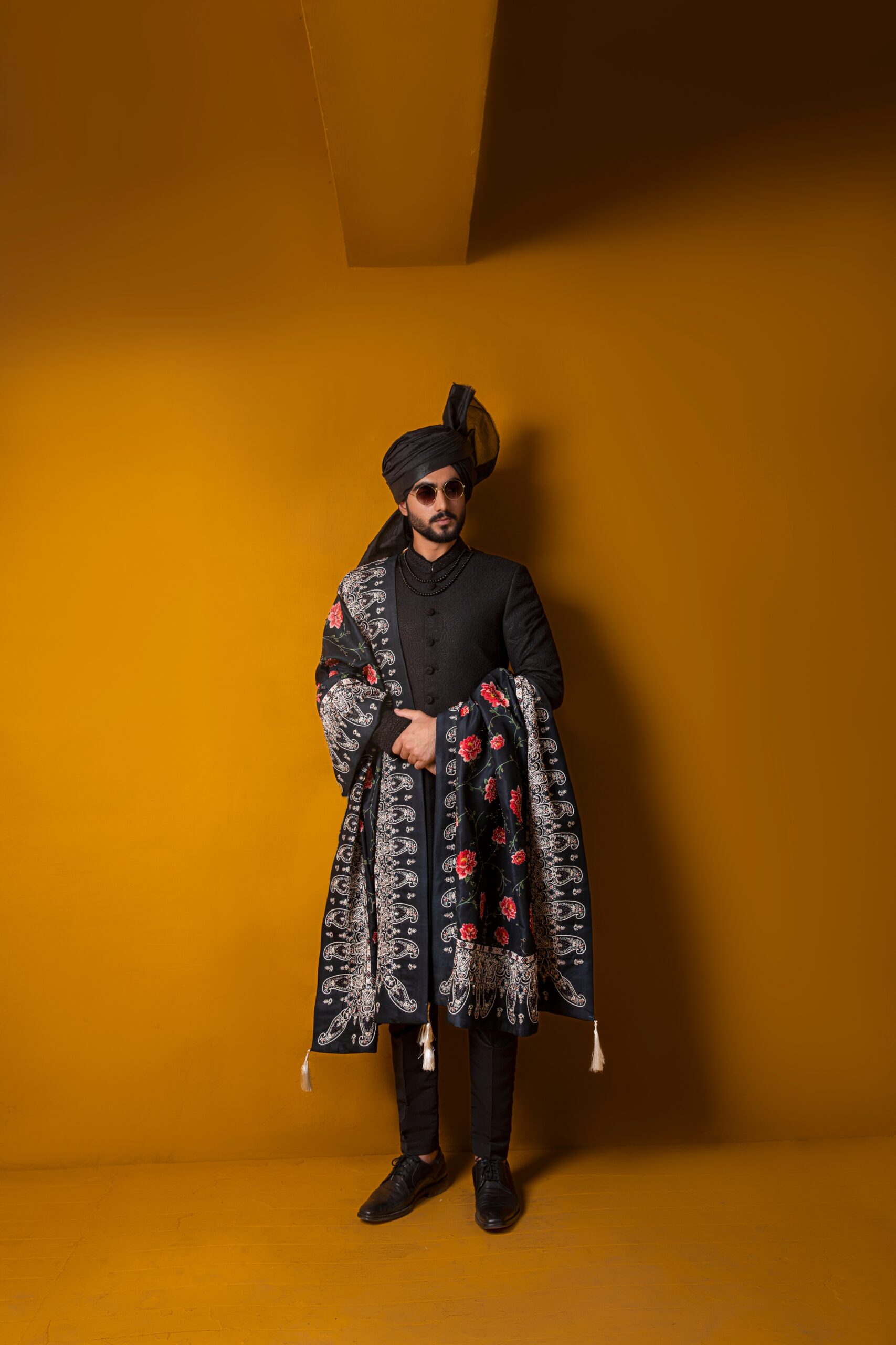 Black Hand-Embroidered Self-Brocade Sherwani (3-Piece) - Image 3