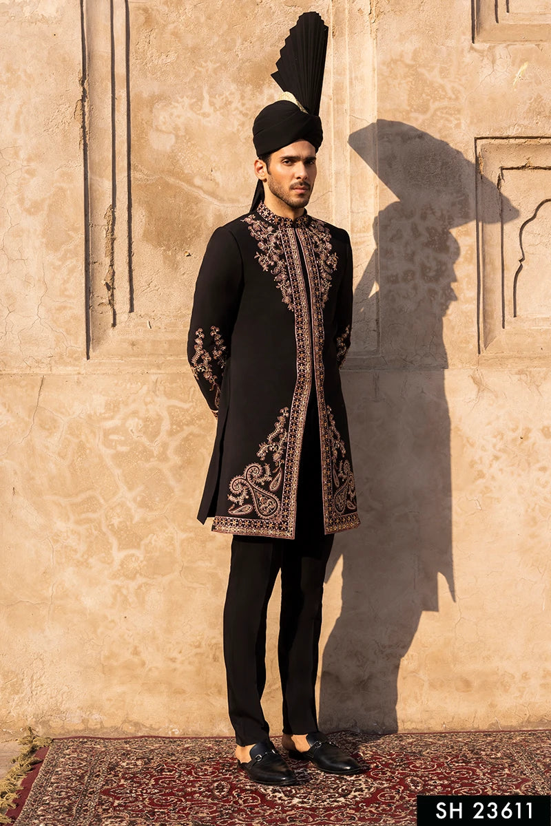 Black Embroidered Serona Sherwani (3-Piece) - Image 1