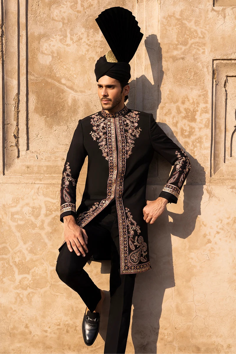 Black Embroidered Serona Sherwani (3-Piece) - Image 2
