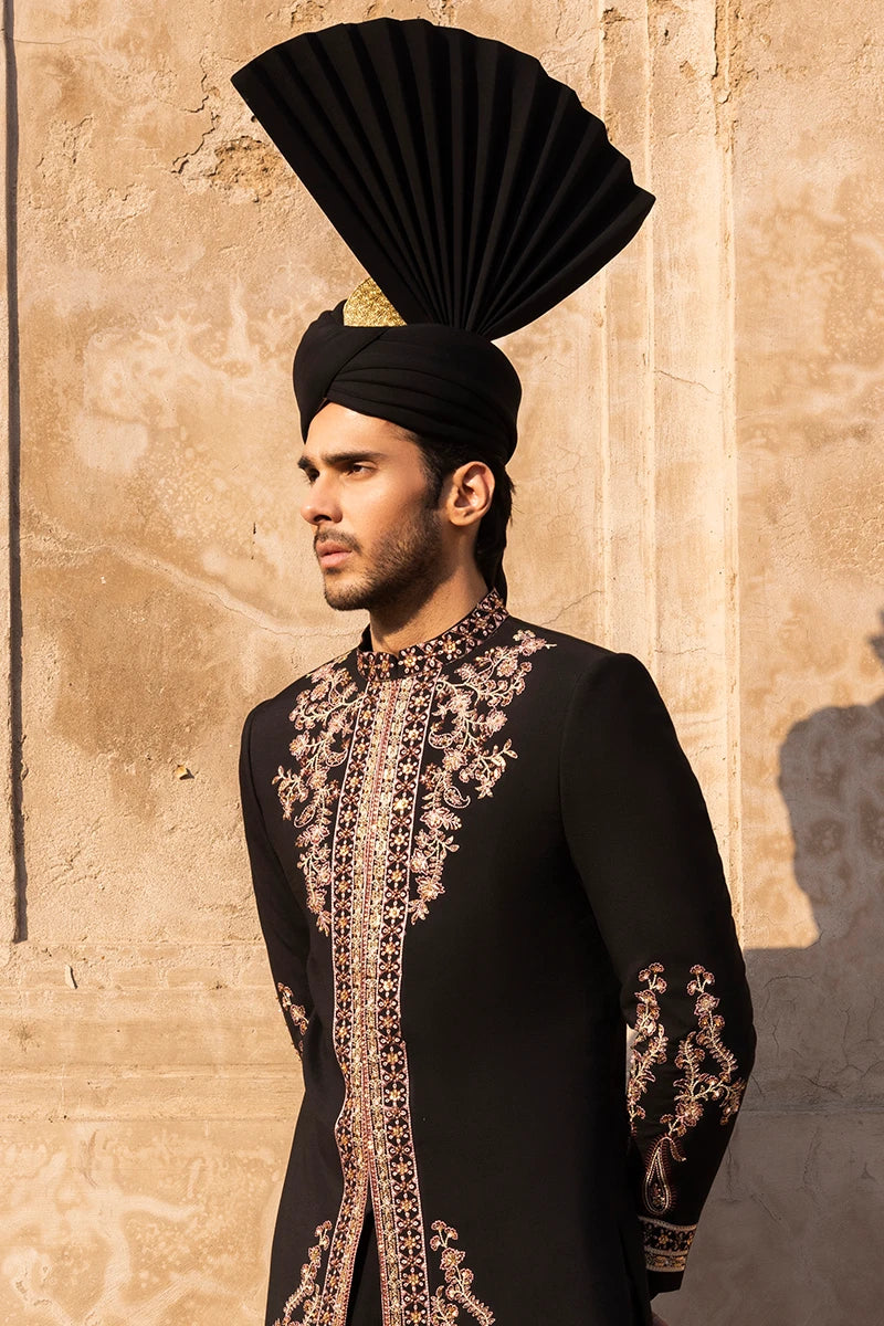 Black Embroidered Serona Sherwani (3-Piece) - Image 3