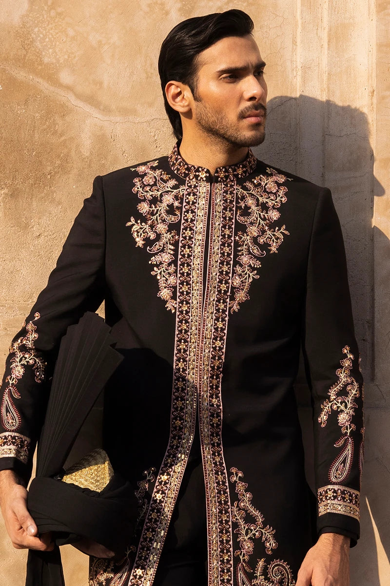Black Embroidered Serona Sherwani (3-Piece) - Image 4