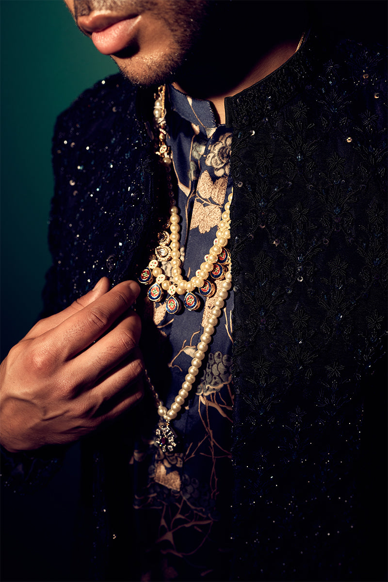 Jet Black Floral Embroidered Shimmer Sherwani (3-Piece) - Image 1