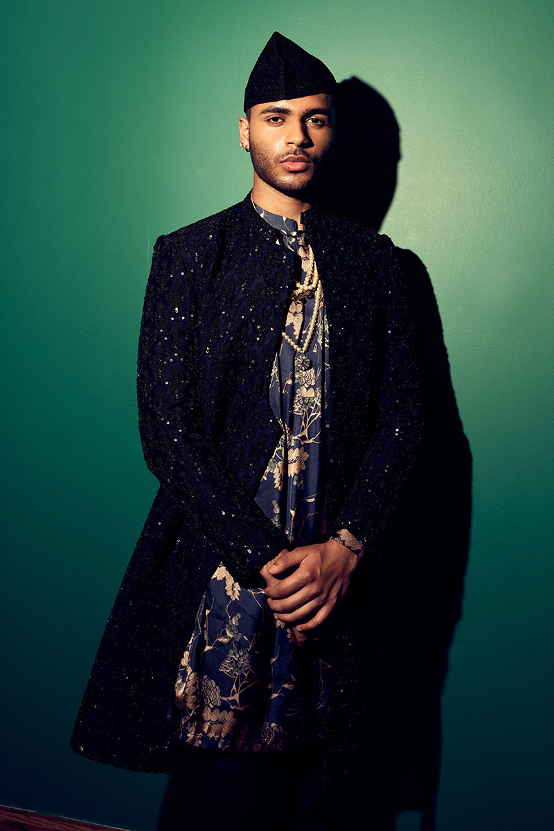 Jet Black Floral Embroidered Shimmer Sherwani (3-Piece) - Image 2