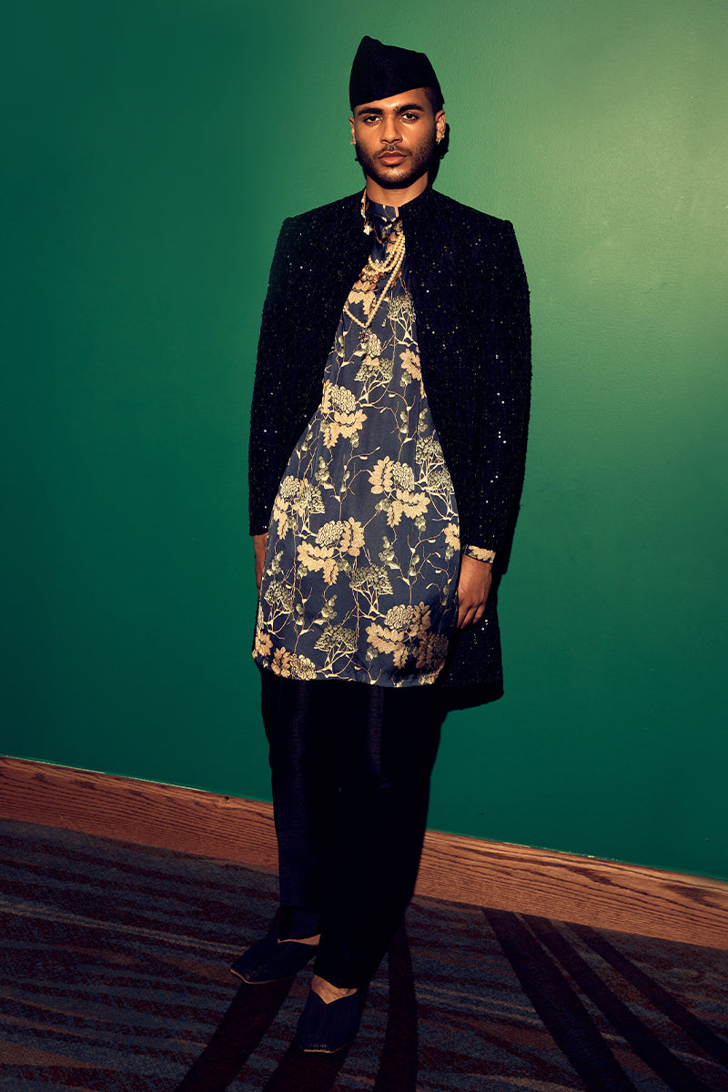 Jet Black Floral Embroidered Shimmer Sherwani (3-Piece) - Image 4