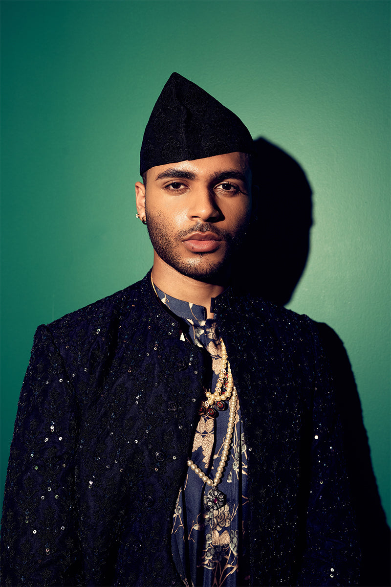 Jet Black Floral Embroidered Shimmer Sherwani (3-Piece) - Image 5