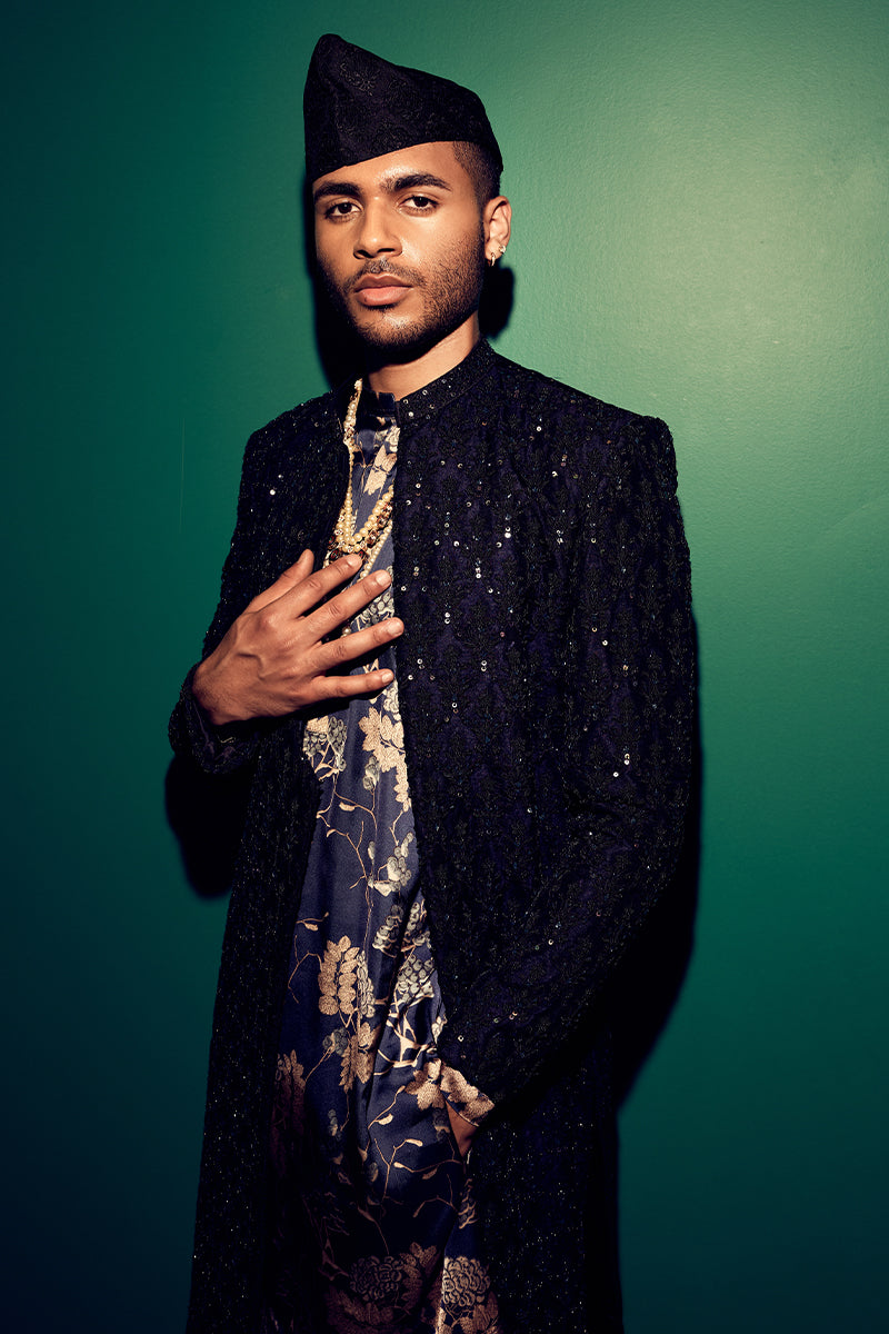 Jet Black Floral Embroidered Shimmer Sherwani (3-Piece) - Image 6