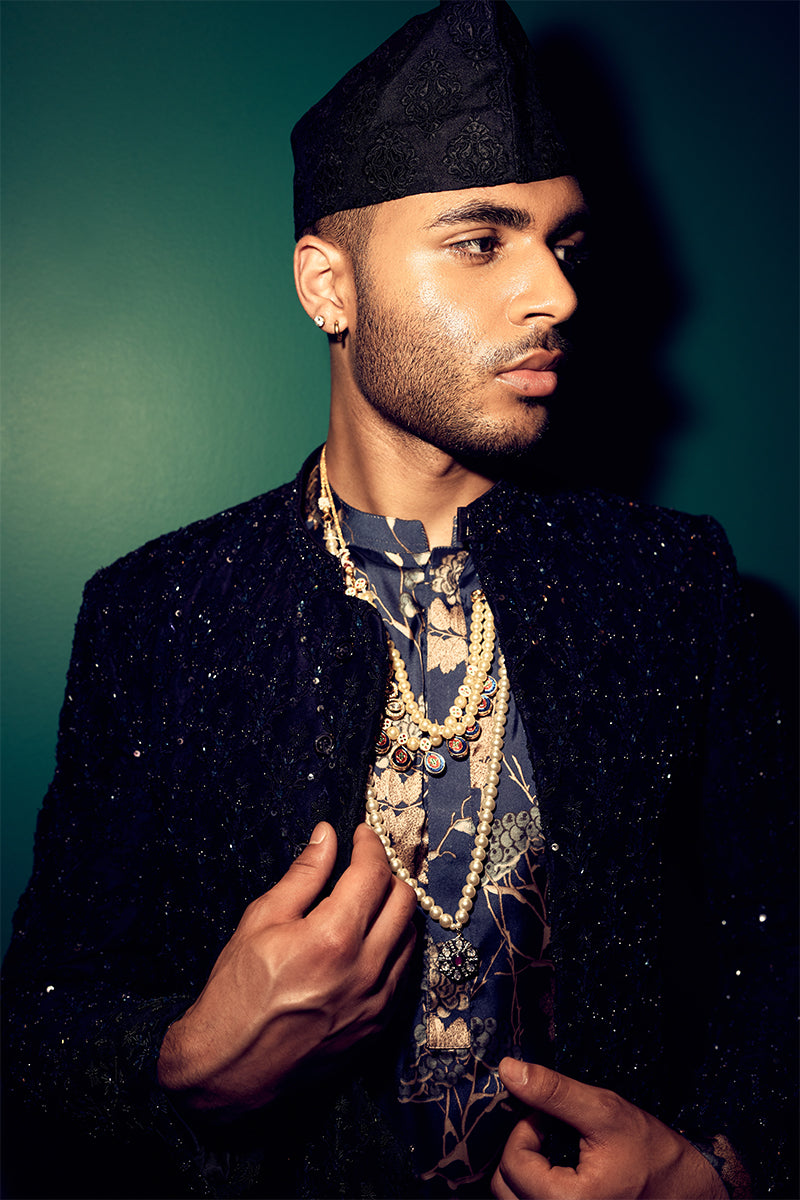 Jet Black Floral Embroidered Shimmer Sherwani (3-Piece) - Image 7