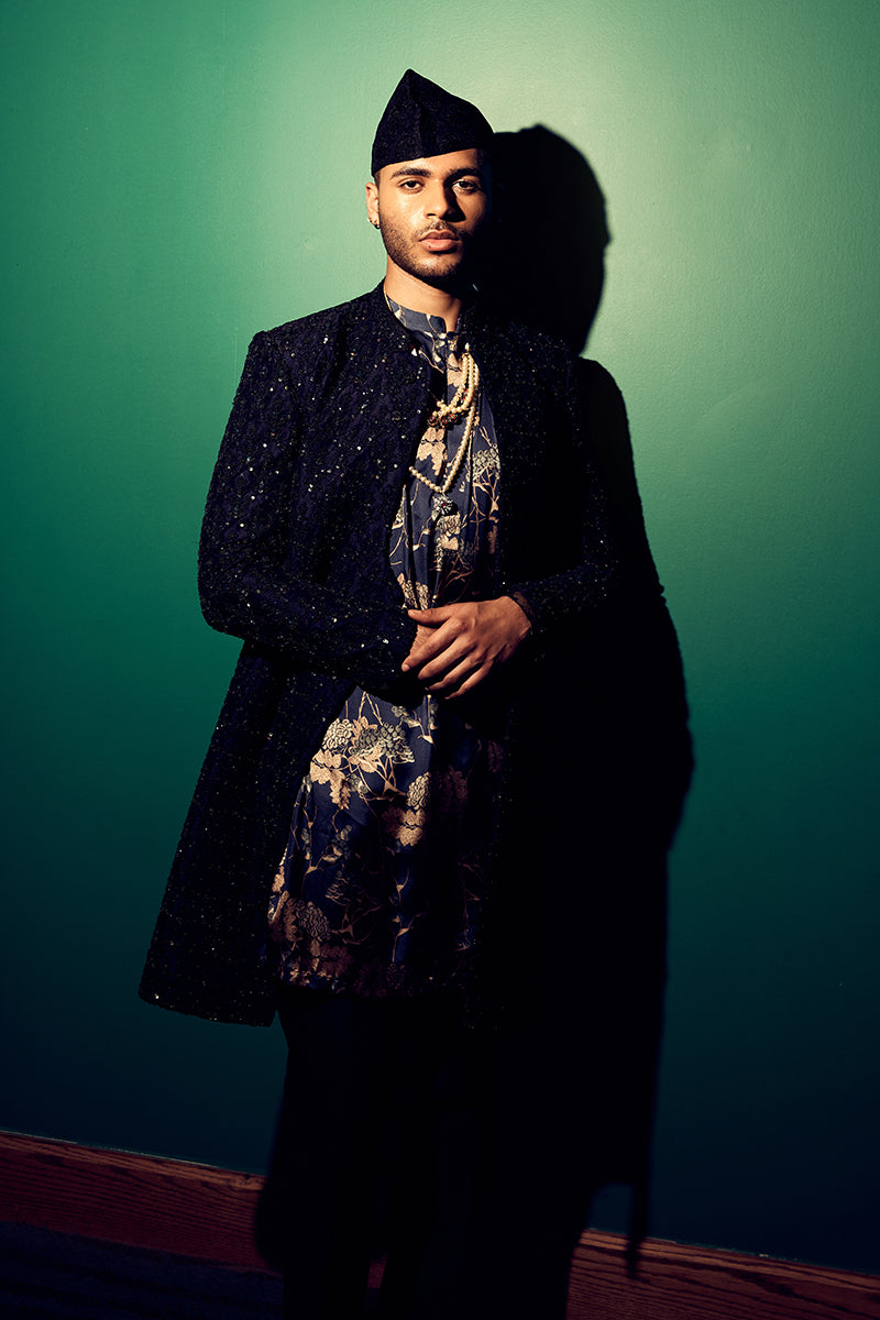 Jet Black Floral Embroidered Shimmer Sherwani (3-Piece) - Image 8
