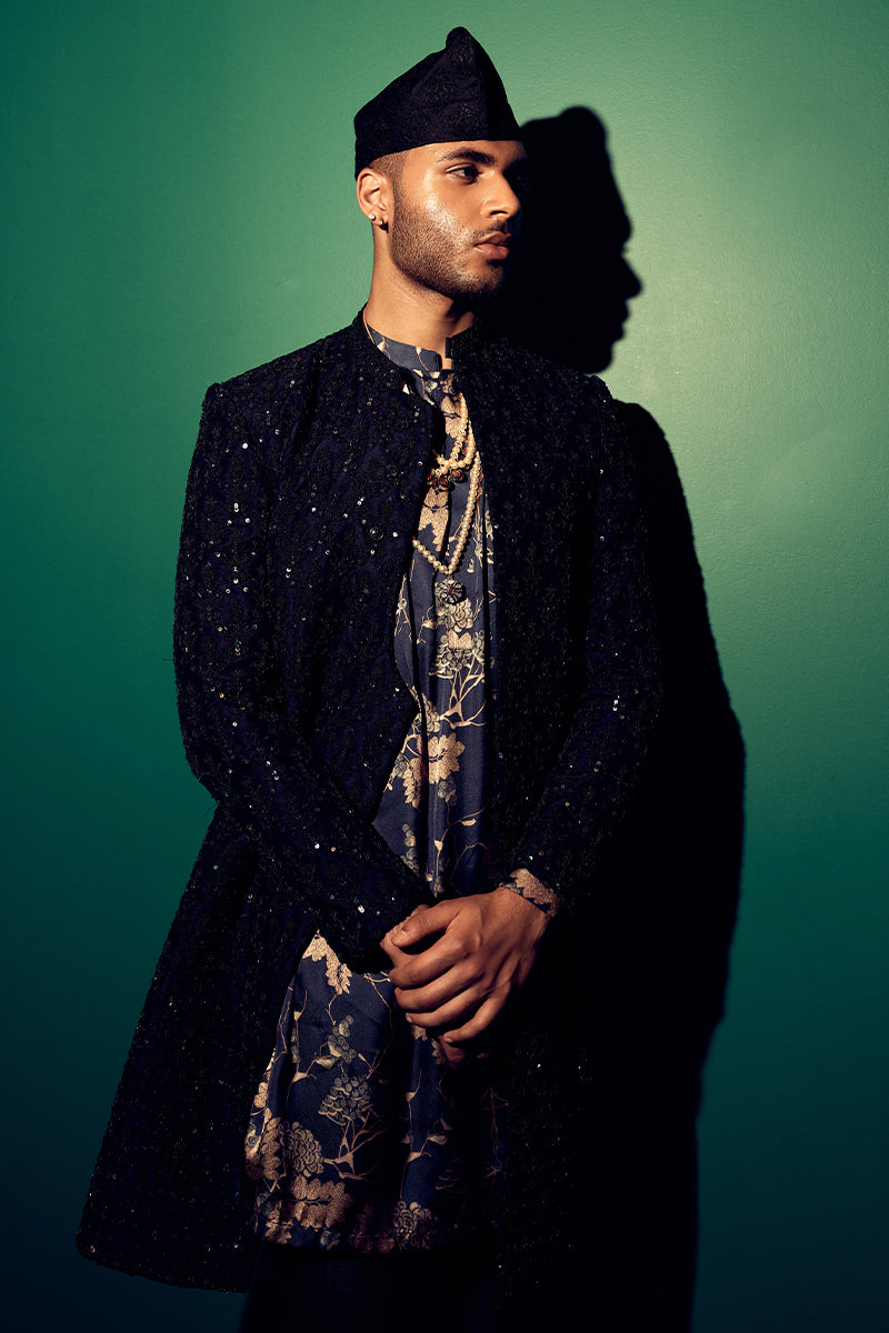 Jet Black Floral Embroidered Shimmer Sherwani (3-Piece) - Image 9