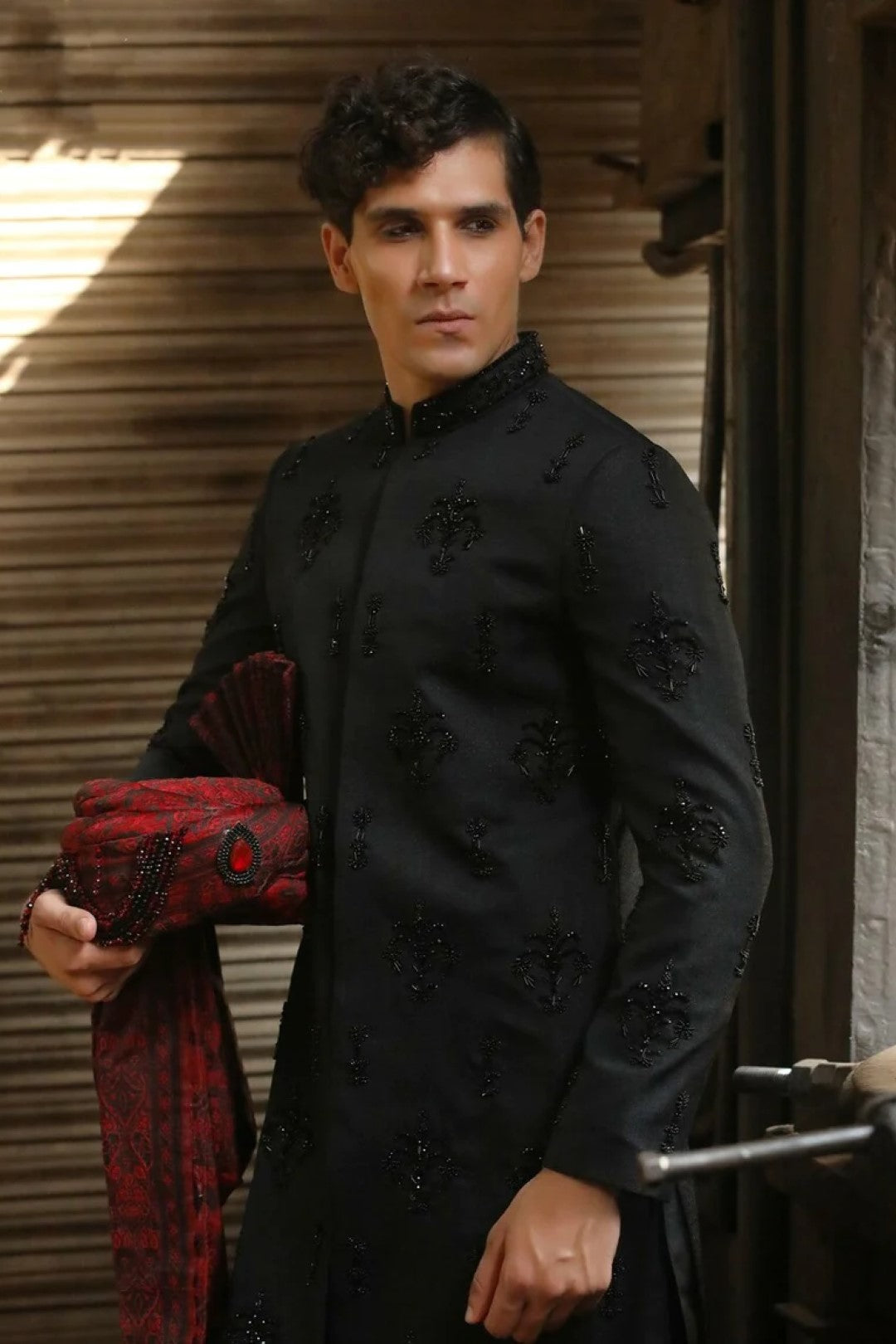 Black Adda Work Shiny Suiting Sherwani (3-Piece) - Image 1