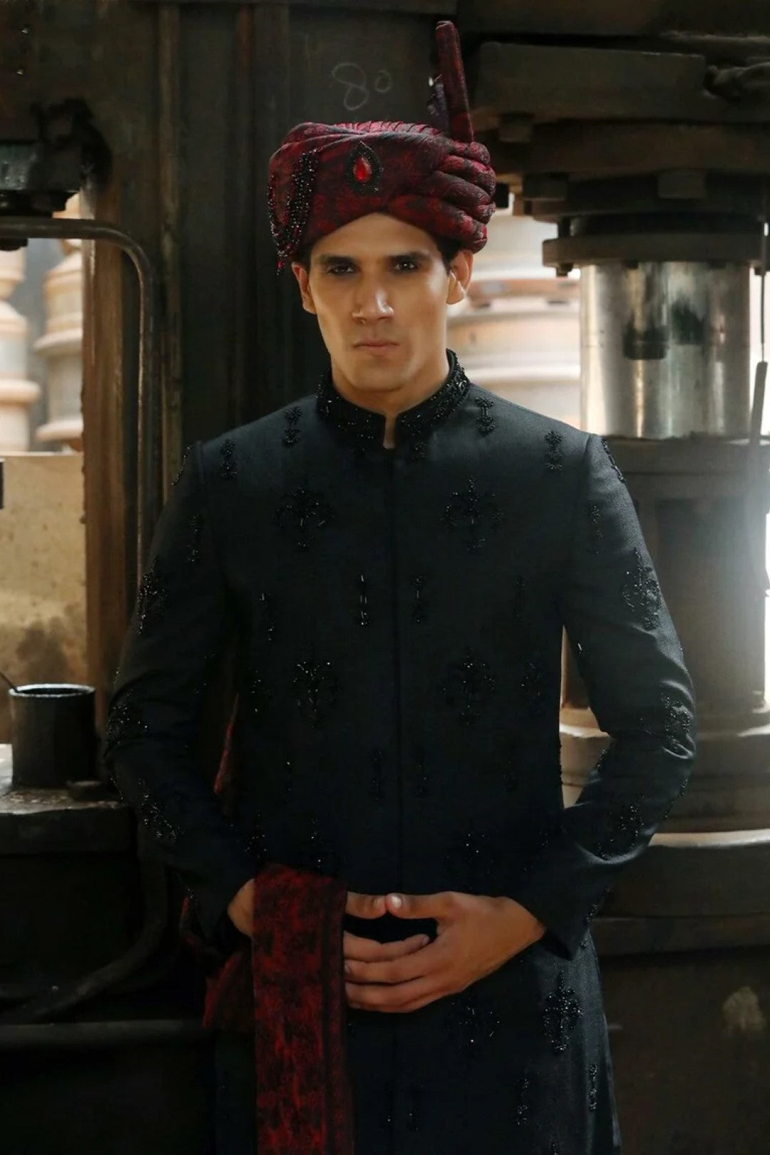 Black Adda Work Shiny Suiting Sherwani (3-Piece) - Image 2