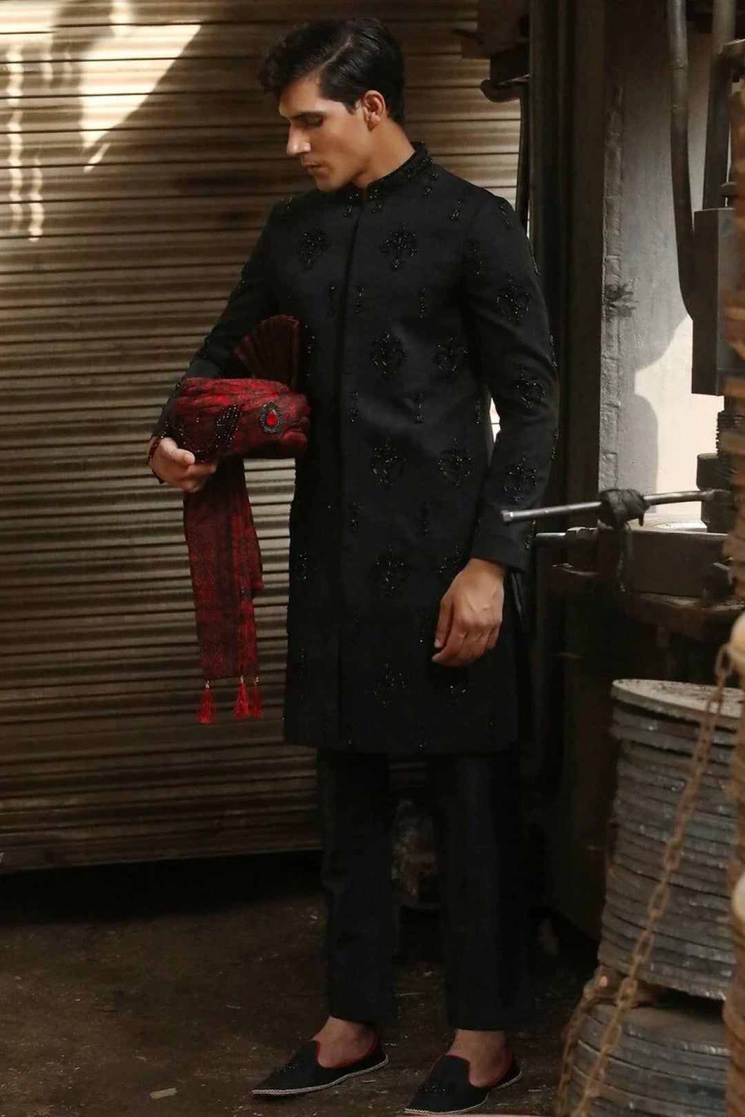 Black Adda Work Shiny Suiting Sherwani (3-Piece) - Image 3