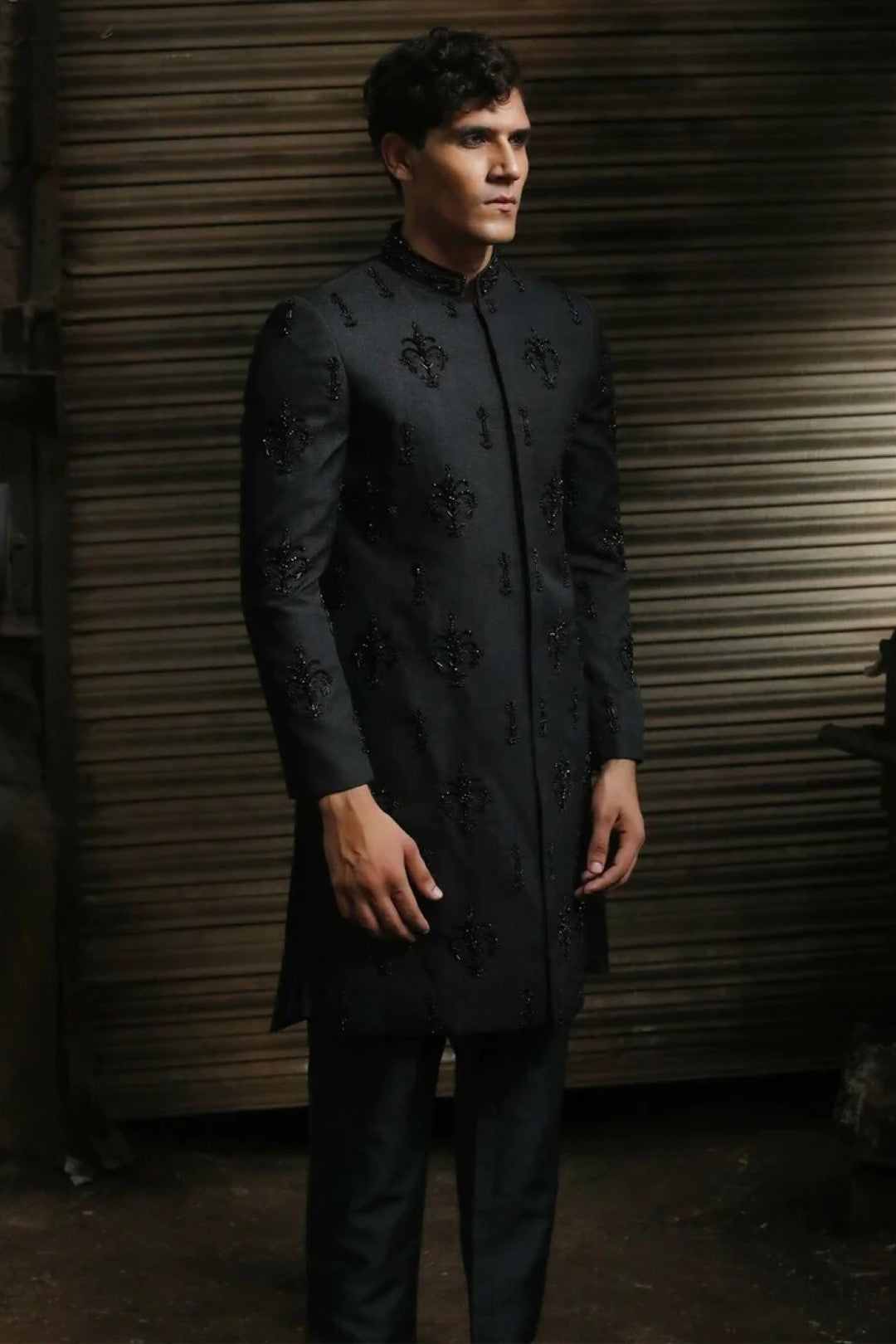 Black Adda Work Shiny Suiting Sherwani (3-Piece) - Image 4