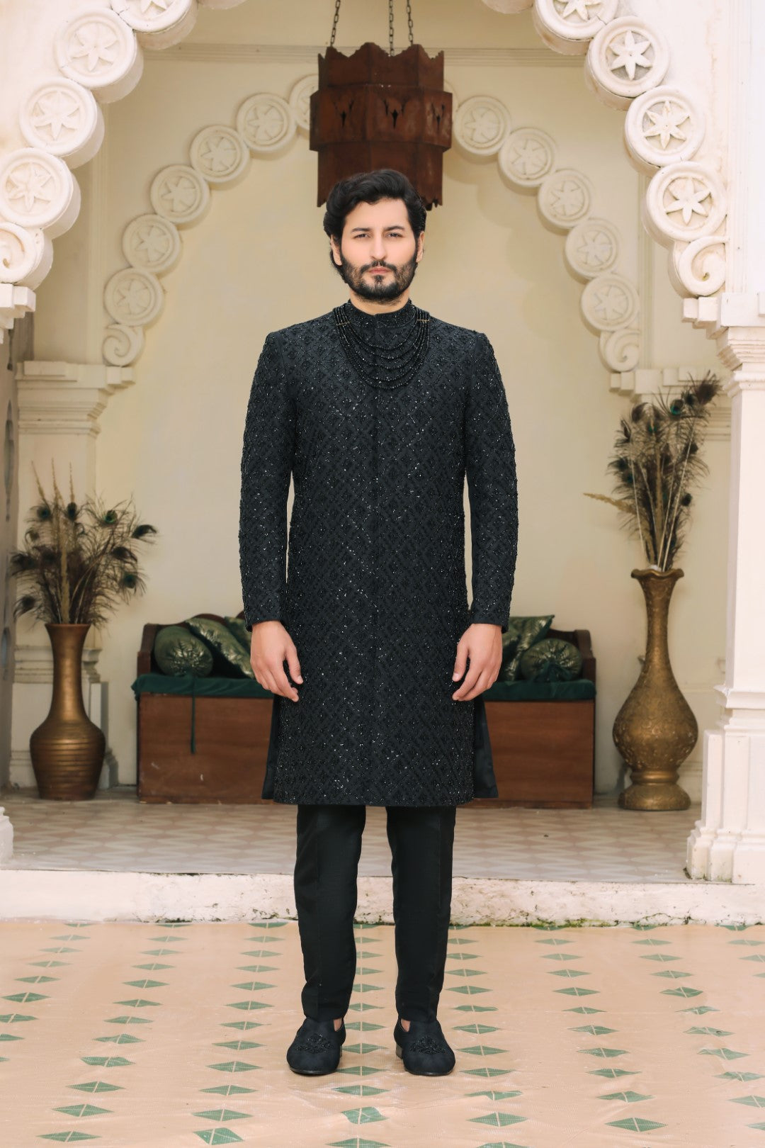 Black Ada Work Silk Sherwani (3-Piece) - Image 3