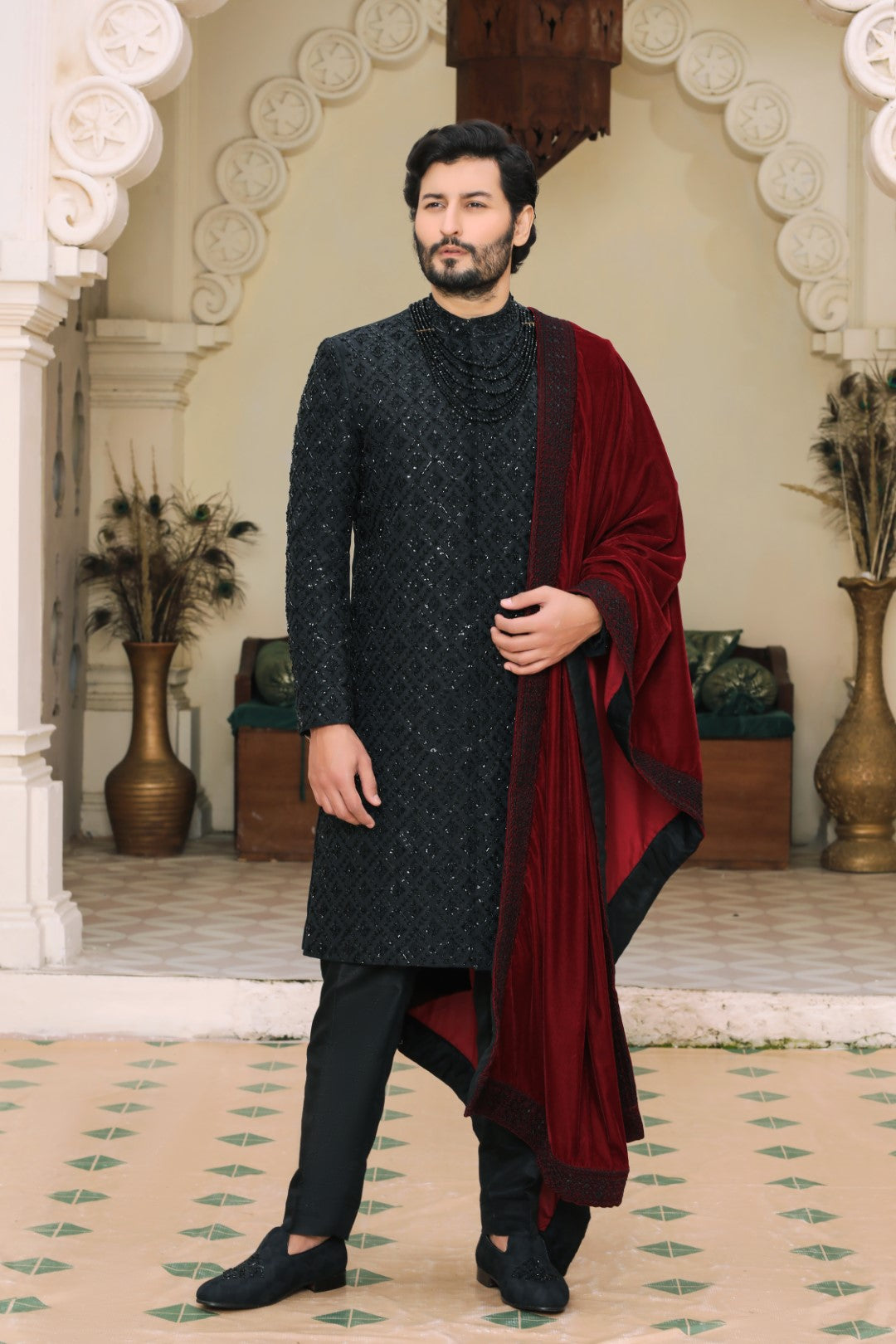 Black Ada Embroidered Silk Sherwani (3-Piece) - Image 1