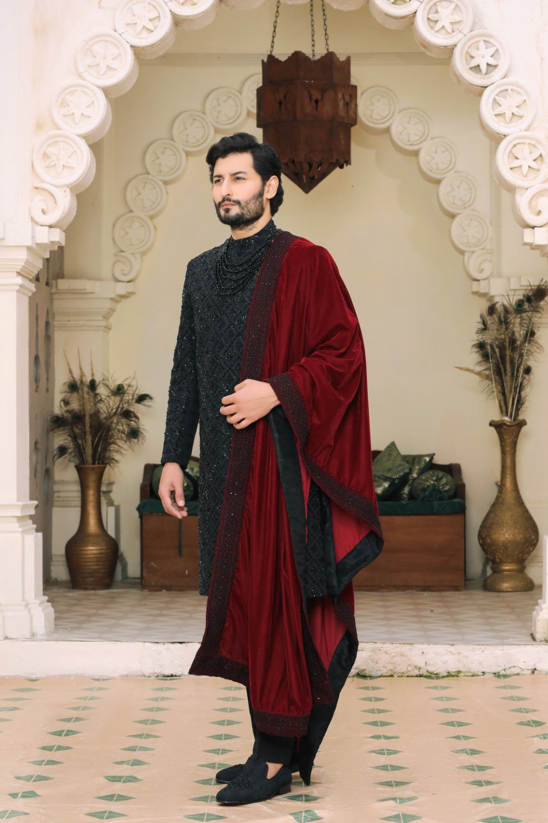 Black Ada Embroidered Silk Sherwani (3-Piece) - Image 2