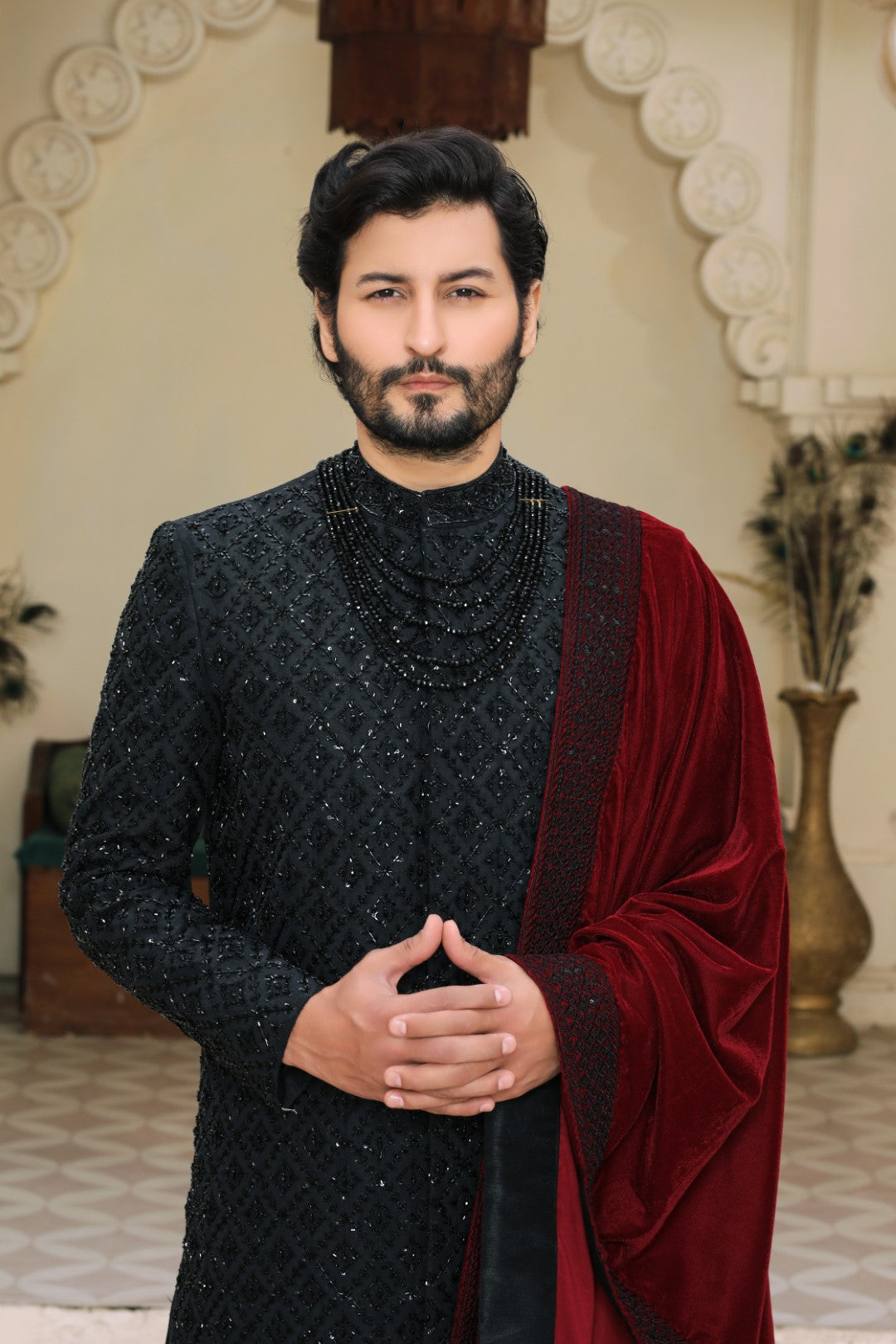 Black Ada Embroidered Silk Sherwani (3-Piece) - Image 4
