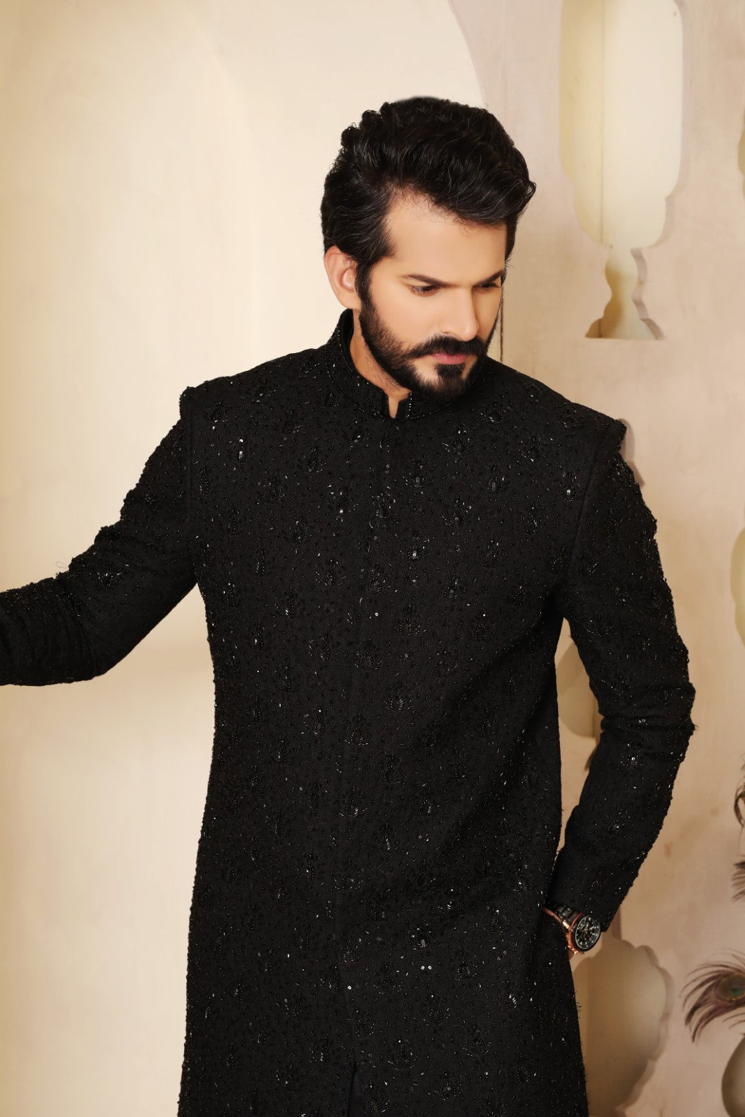 Black Ada Work Silk Sherwani (3-Piece) - Image 2