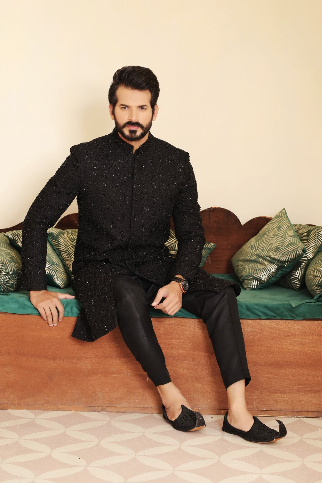Black Ada Work Silk Sherwani (3-Piece) - Image 3