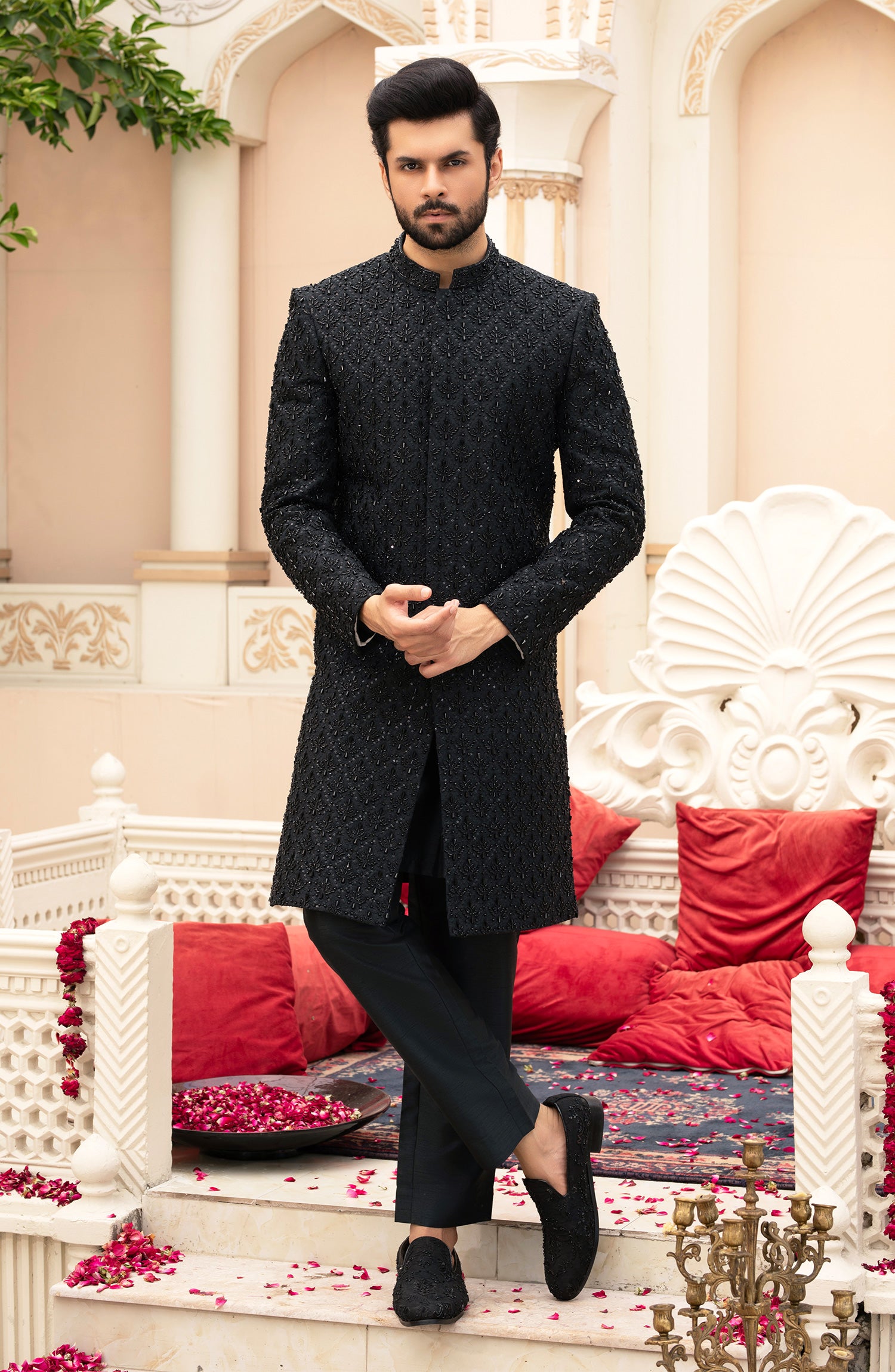 Black Embroidered Silk Sherwani (3-Piece) - Image 1