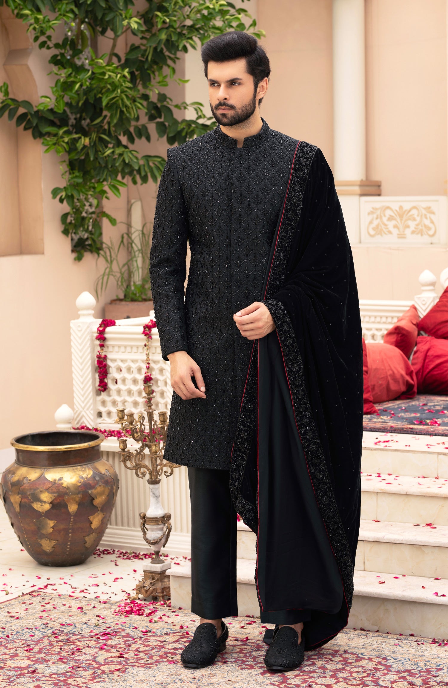 Black Adaa Work Silk Sherwani (3-Piece) - Image 2