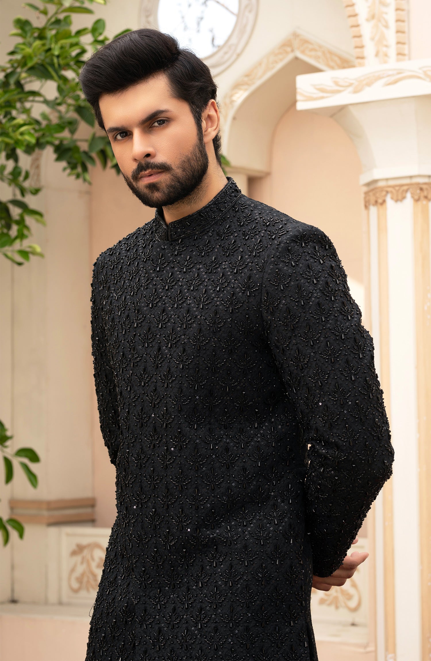 Black Adaa Work Silk Sherwani (3-Piece) - Image 3